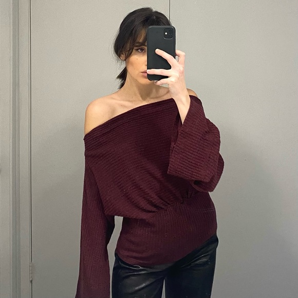 Free People Sweaters - We The Free / Free People Crazy On You Thermal Knit Off Shoulder Sweater in Wine